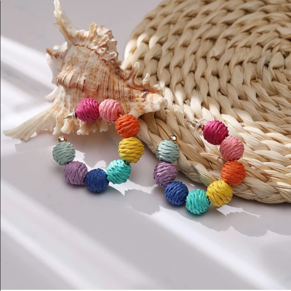Beaches R Mah Jam⛵️🌴🌺Bohemian Boho Handmade Raffia Rainbow Statement Ear… - Picture 2 of 10